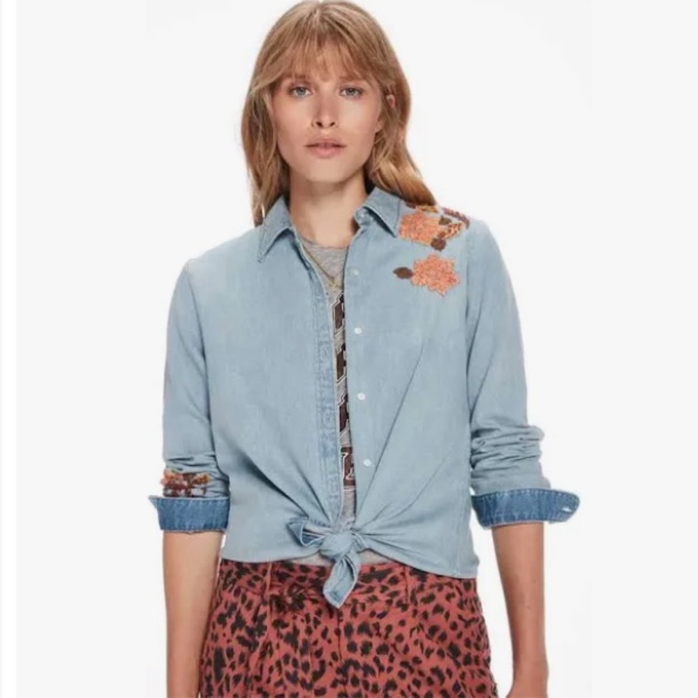 Like New Lightweight Denim Shirt With Heavy Wash And Repair Details